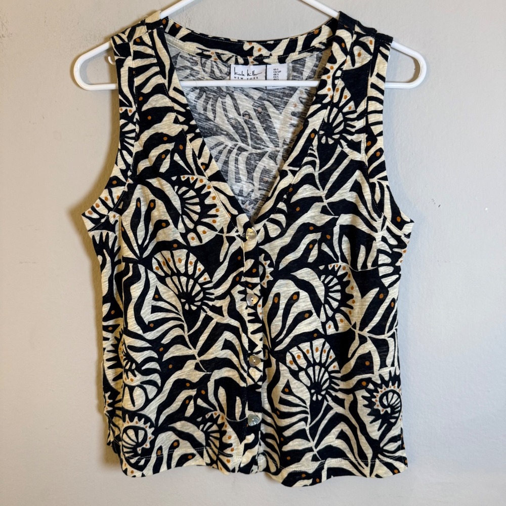 Nicole Miller New York Linen‎ Blend Abstract Botanical Button Front Tank Top S